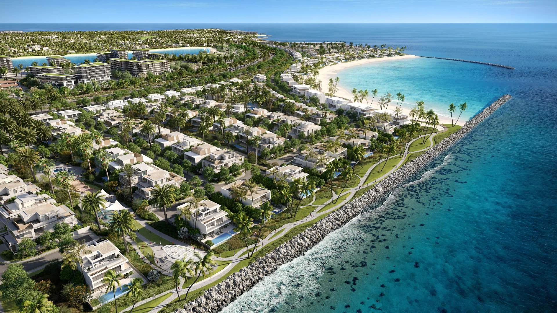 Aerial view of Bay Villas and the turquoise waterfront at Dubai Islands