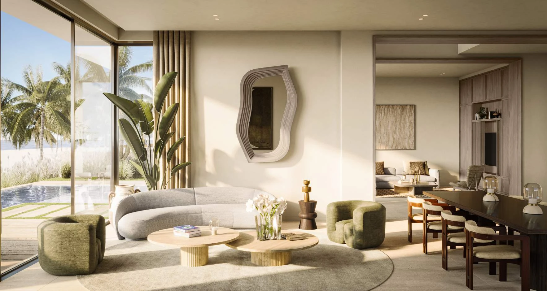Refined coastal interior at Bay Villas opening toward a private pool
